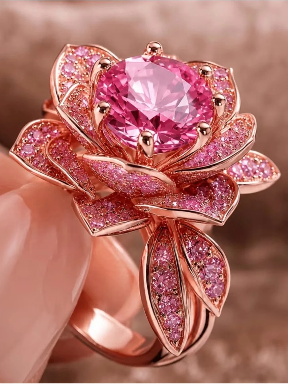 Elegant Pink Flower Cocktail Ring - Rose Gold Tone